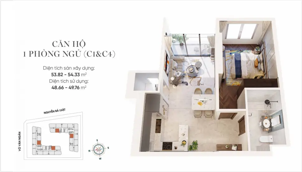 Mặt bằng (layout) căn hộ 1PN C1&C4 King Crown Infinity
