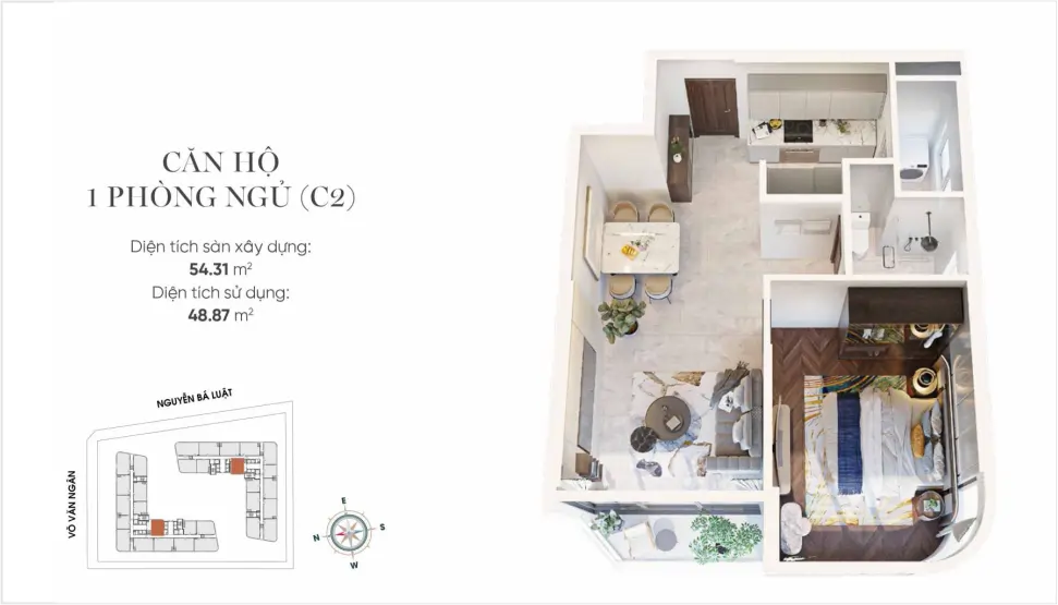 Mặt bằng (layout) căn hộ 1PN C2 King Crown Infinity Thủ Đức