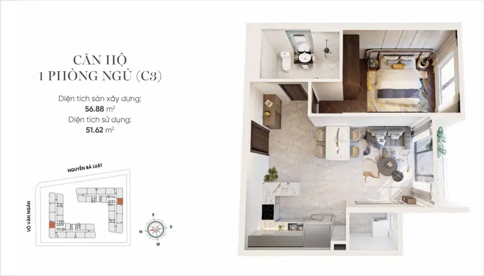 Mặt bằng (layout) căn hộ 1PN C3 King Crown Infinity Võ Văn Ngân