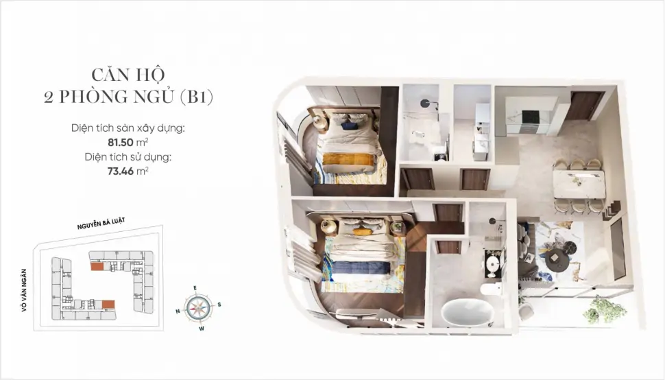 Mặt bằng (layout) căn hộ 2 phòng ngủ B1 King Crown Infinity