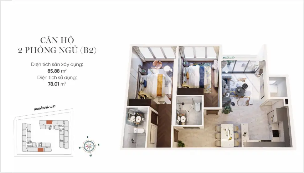 Mặt bằng (layout) căn hộ 2 phòng ngủ B2 King Crown Infinity
