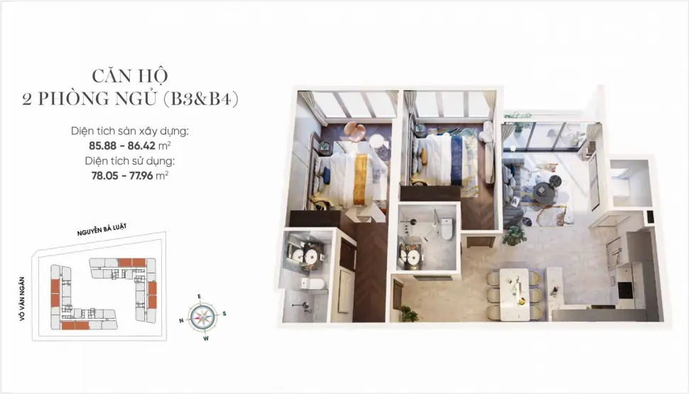 Mặt bằng (layout) căn hộ 2 phòng ngủ B3 King Crown Infinity