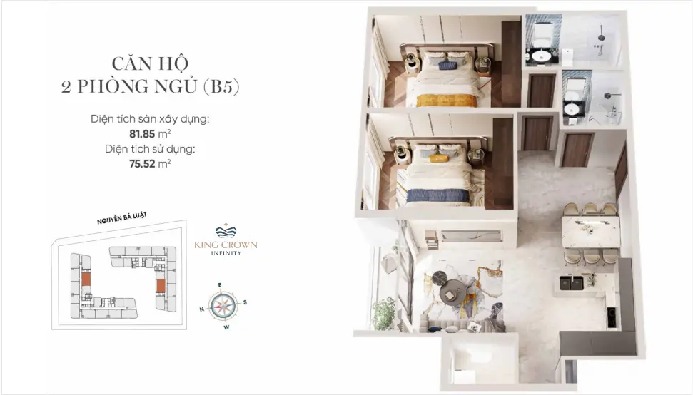 Mặt bằng (layout) căn hộ 2 phòng ngủ B5 King Crown Infinity
