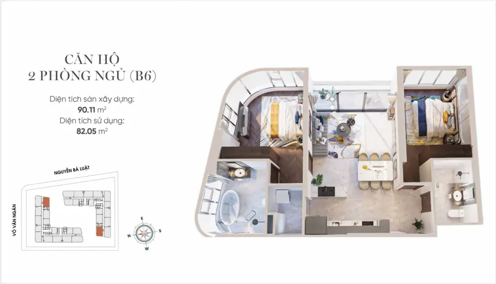 Mặt bằng (layout) căn hộ 2 phòng ngủ B6 King Crown Infinity