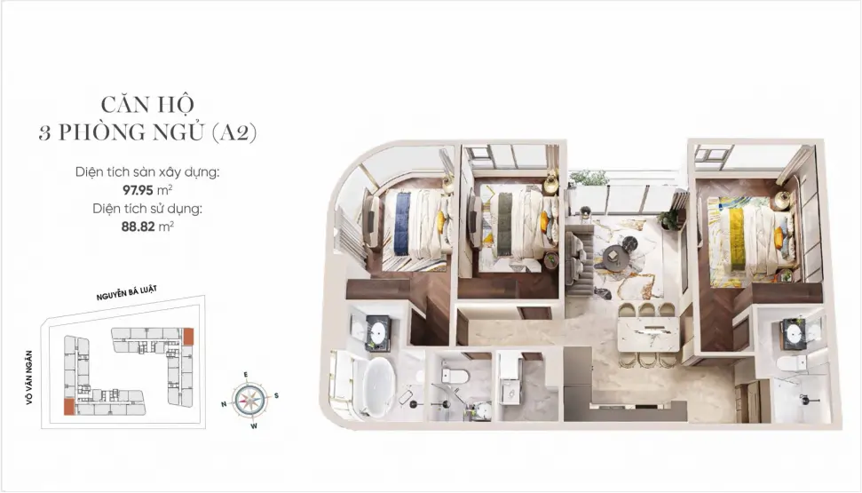 Mặt bằng (layout) căn hộ 3 phòng ngủ A2 King Crown Infinity