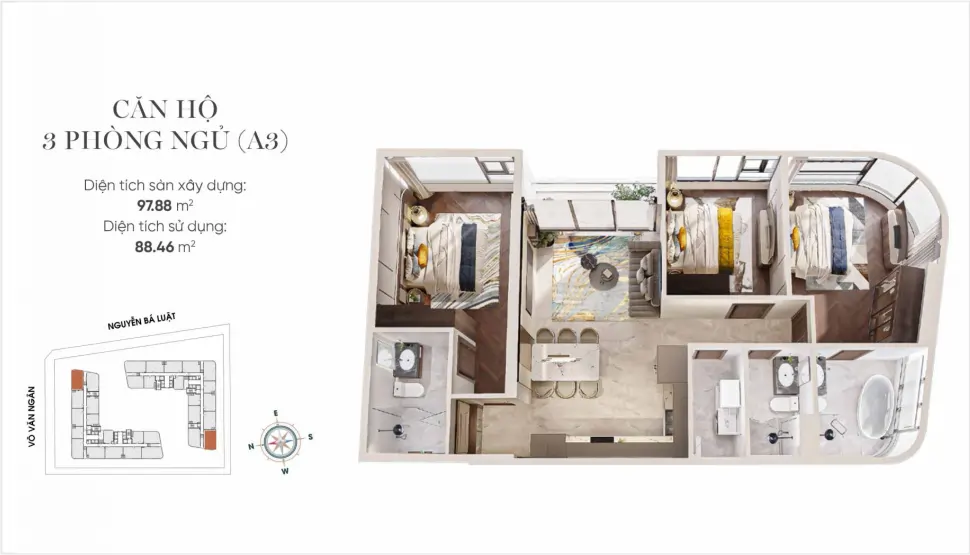 Mặt bằng (layout) căn hộ 3 phòng ngủ A3 King Crown Infinity