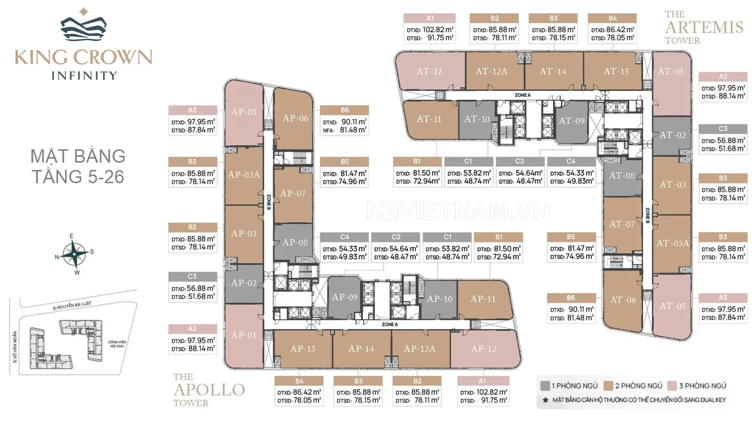 Mặt bằng (layout) căn hộ tầng 5-26 dự án King Crown Infinity Ascott